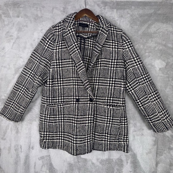 Talbots Women's Black & Off White Houndstooth Plaid Longer Coat Jacket Sz 14 - Picture 2 of 16